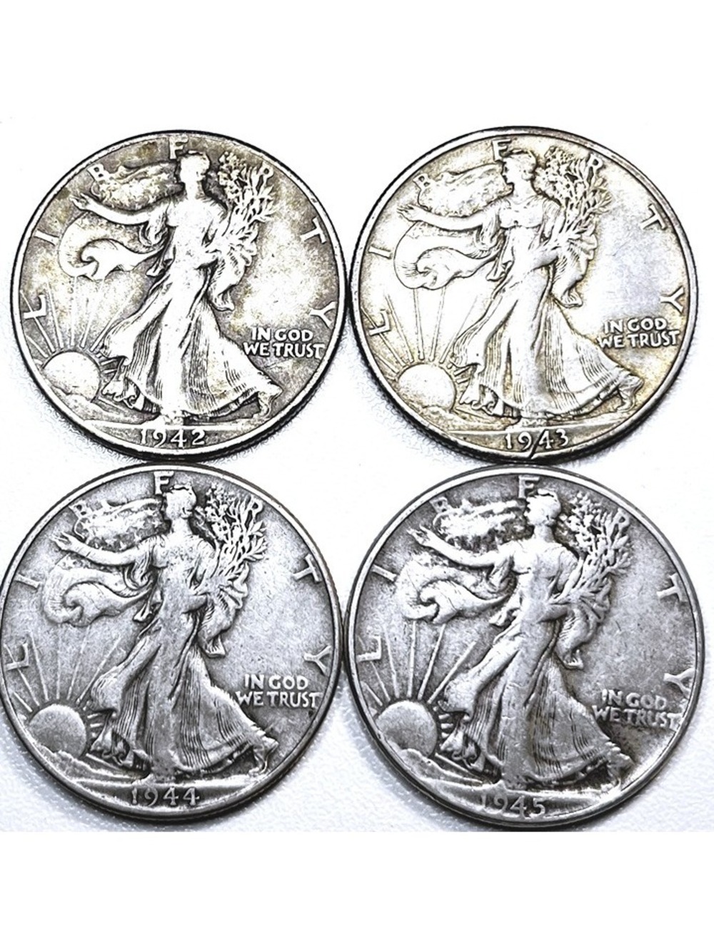 lot of 4 walking liberty half dollars, 1942p, 1943s, 1944p, 1945p 90% Silver @@